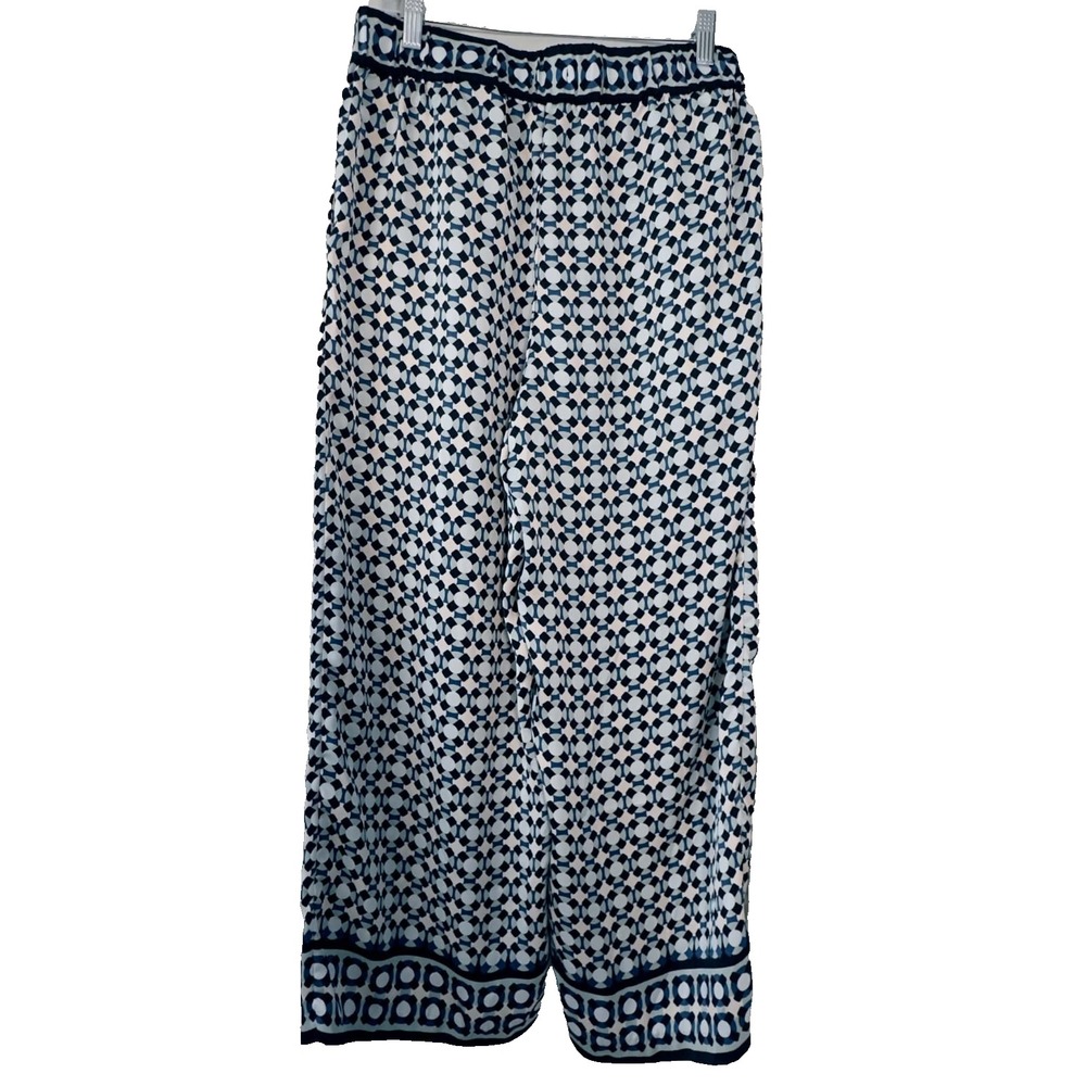 H&M Size 10 Blue Geometric Wide Leg Pants Comfort Coastal Resort Palazzo Women's